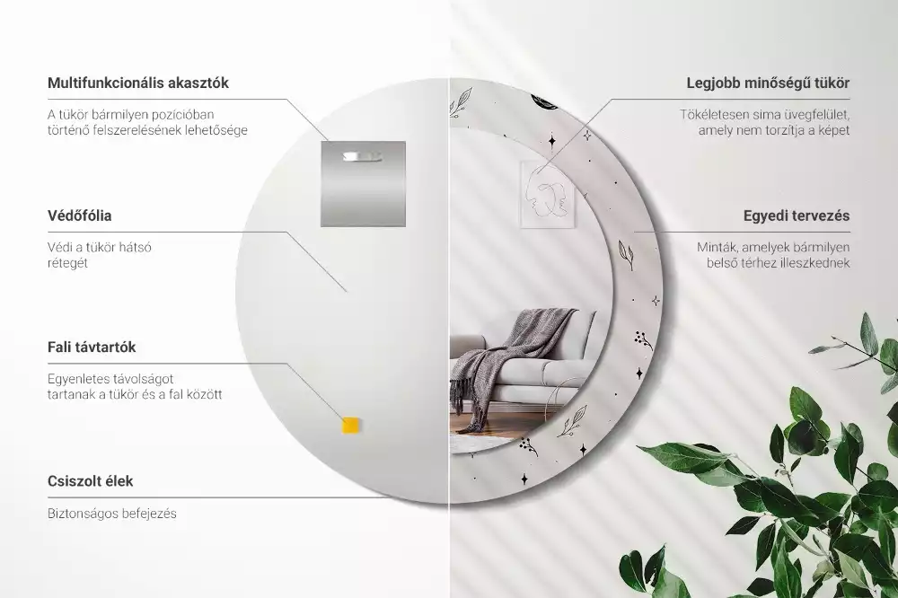 Kerek tükör fali dísz Doodle növények