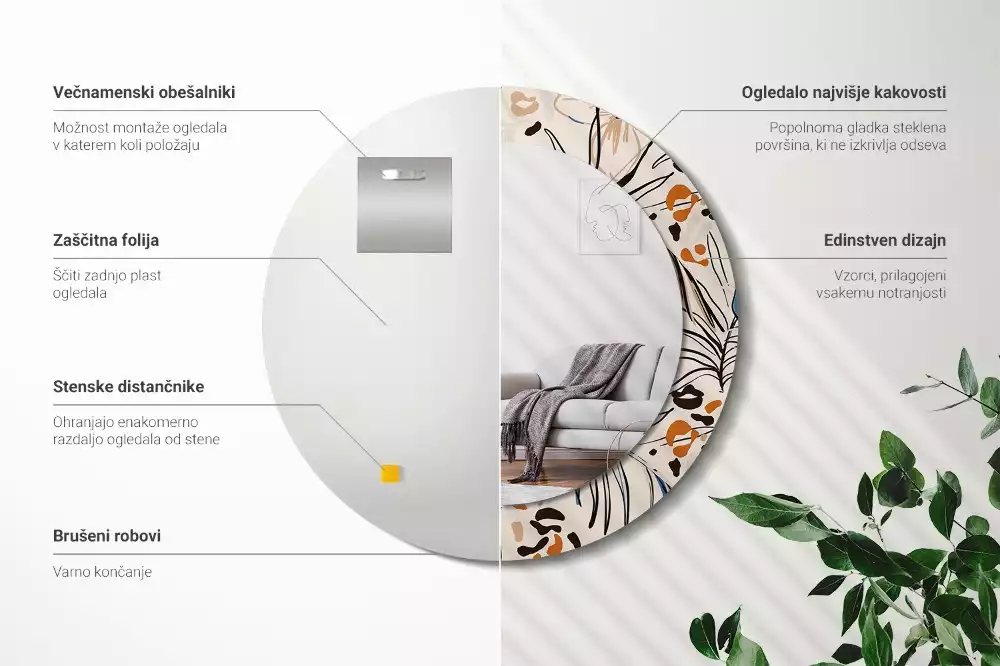 Kerek tükör fali dísz Dzsungel mintás virágok