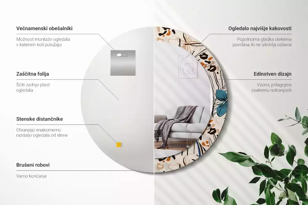 Kerek tükör fali dísz Dzsungel mintás virágok