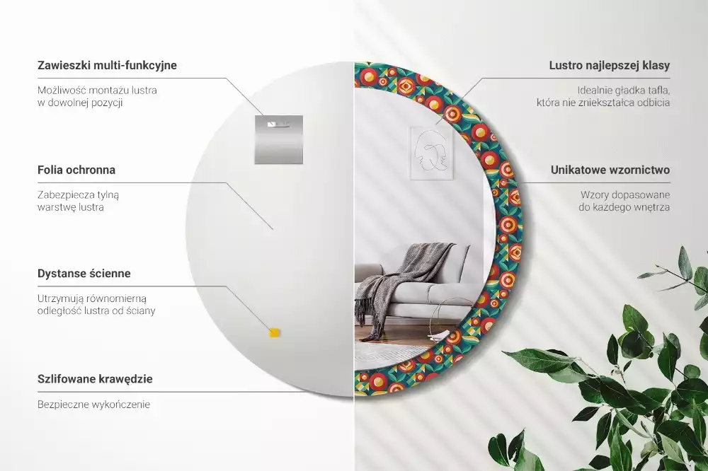 Kerek tükör fali dísz Geometrikus gyümölcsök és levelek