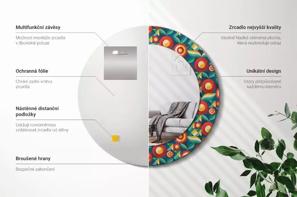 Kerek tükör fali dísz Geometrikus gyümölcsök és levelek