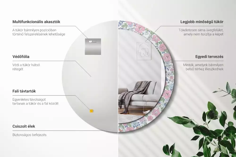 Kerek tükör fali dísz Színes virágok