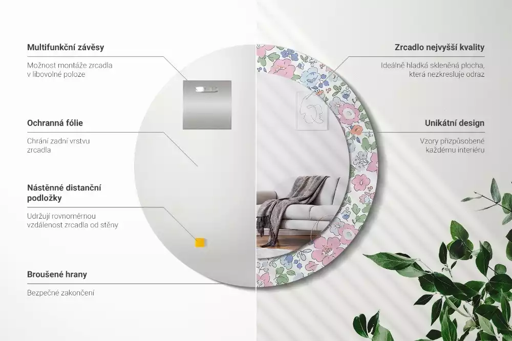 Kerek tükör fali dísz Színes virágok