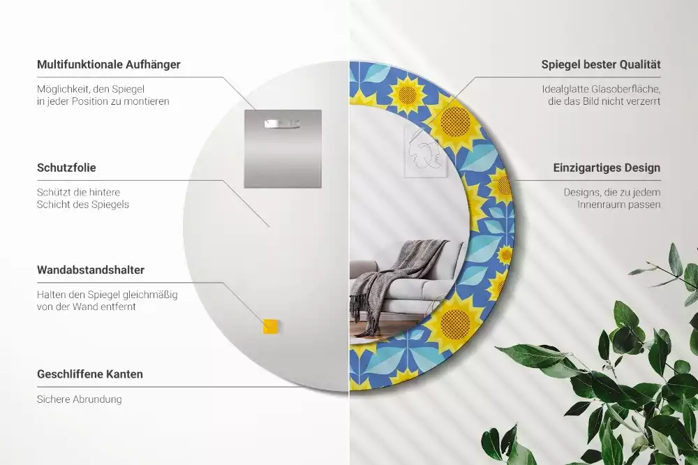 Kerek tükör fali dísz Geometrikus napraforgók