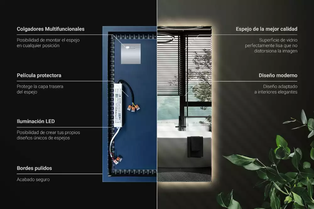 Négyszögletes alakú tükör led világítással