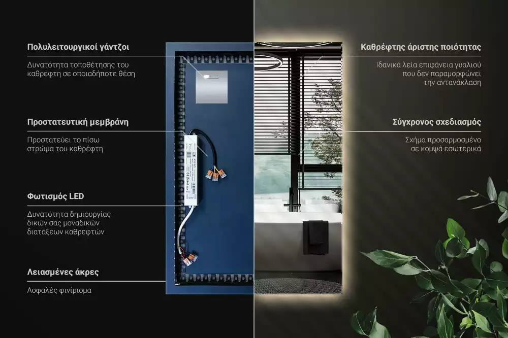 Négyszögletes alakú tükör led világítással