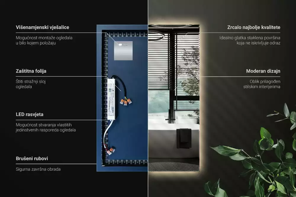 Négyszögletes alakú tükör led világítással