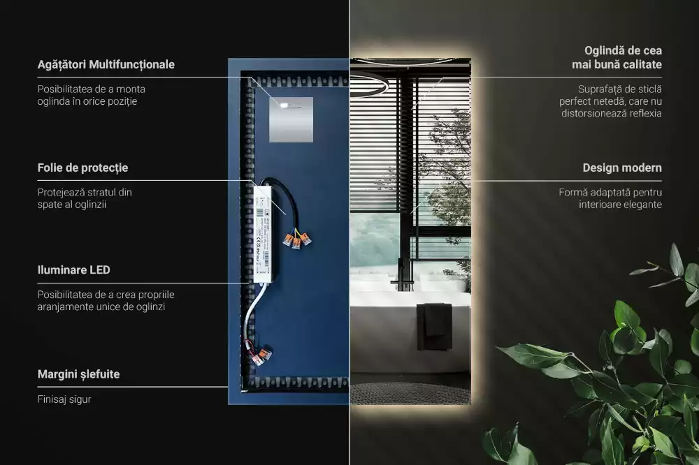 Négyszögletes alakú tükör led világítással