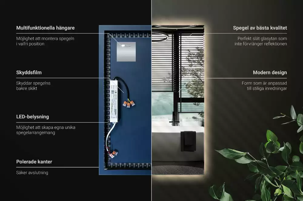 Négyszögletes alakú tükör led világítással