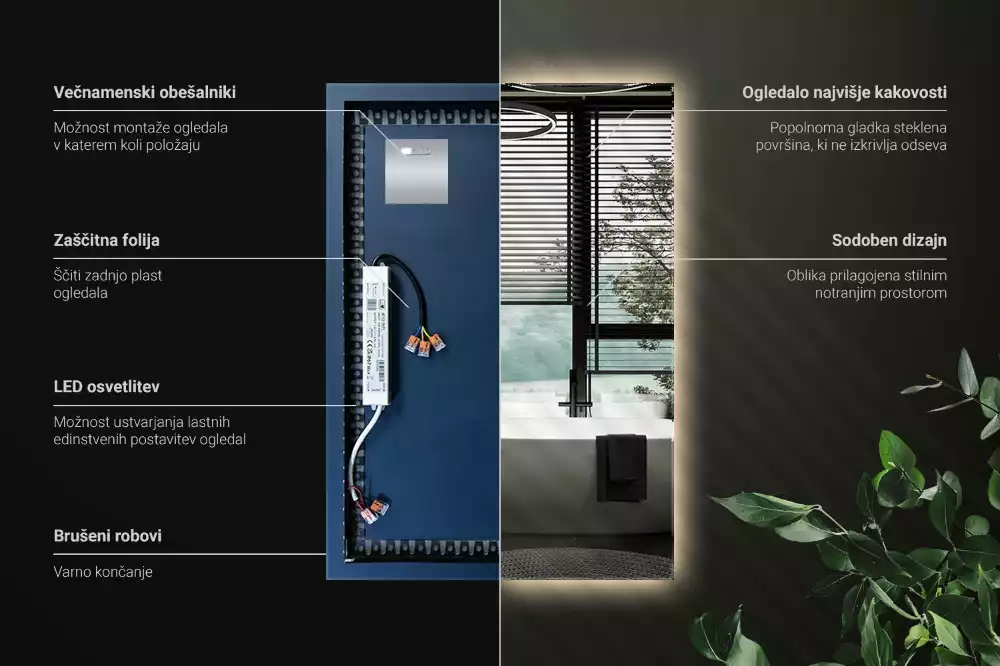 Négyszögletes alakú tükör led világítással