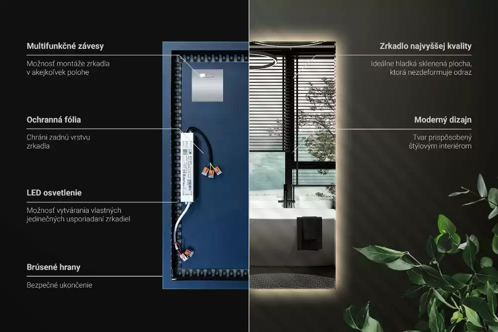 Négyszögletes alakú tükör led világítással