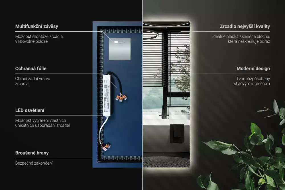 Négyszögletes alakú tükör led világítással