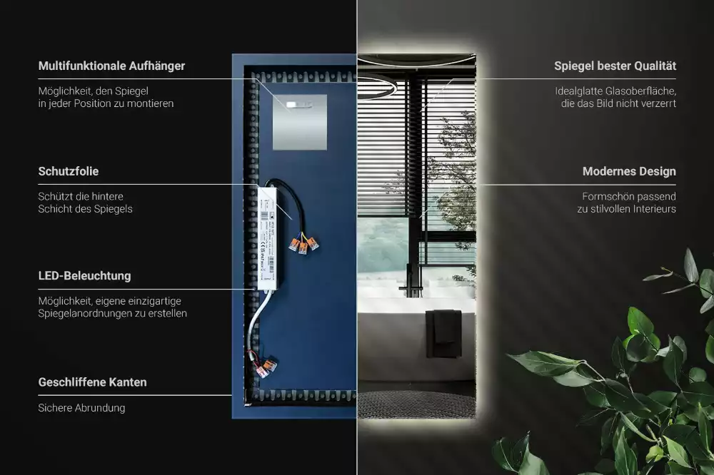 Négyszögletes alakú tükör led világítással