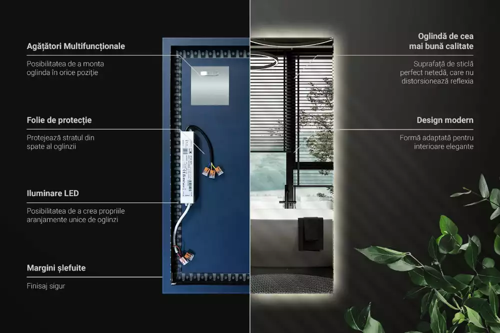 Négyszögletes alakú tükör led világítással