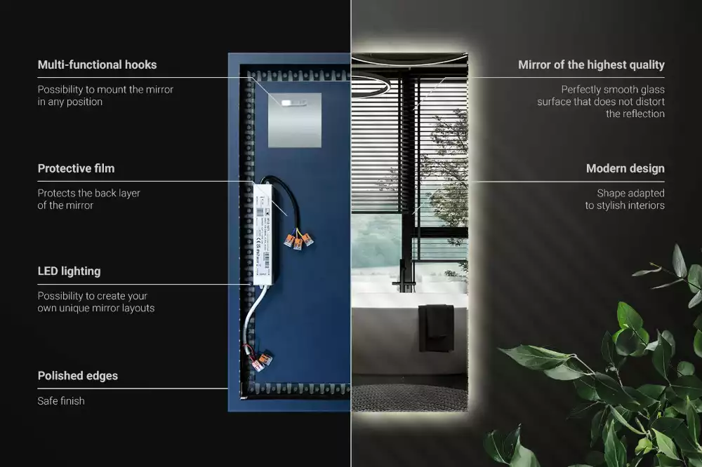 Négyszögletes alakú tükör led világítással