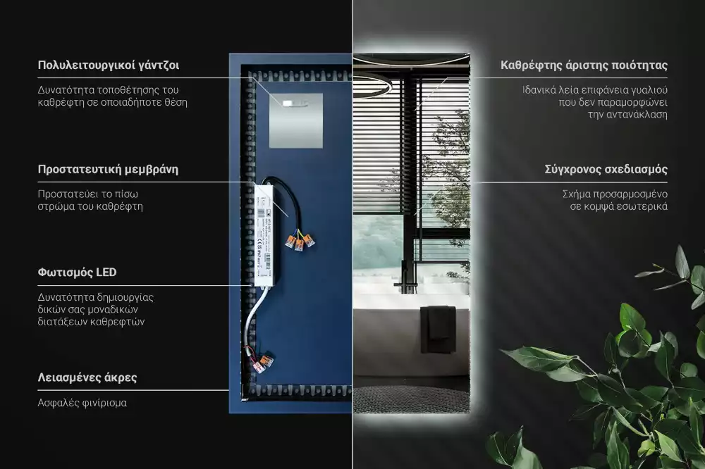 Négyszögletes alakú tükör led világítással