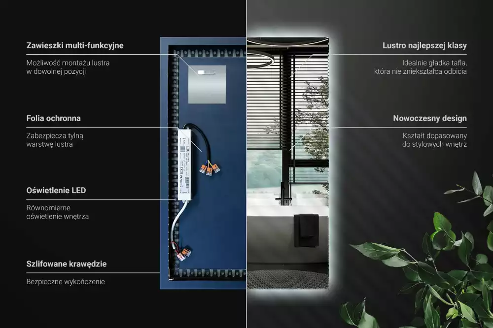 Négyszögletes alakú tükör led világítással