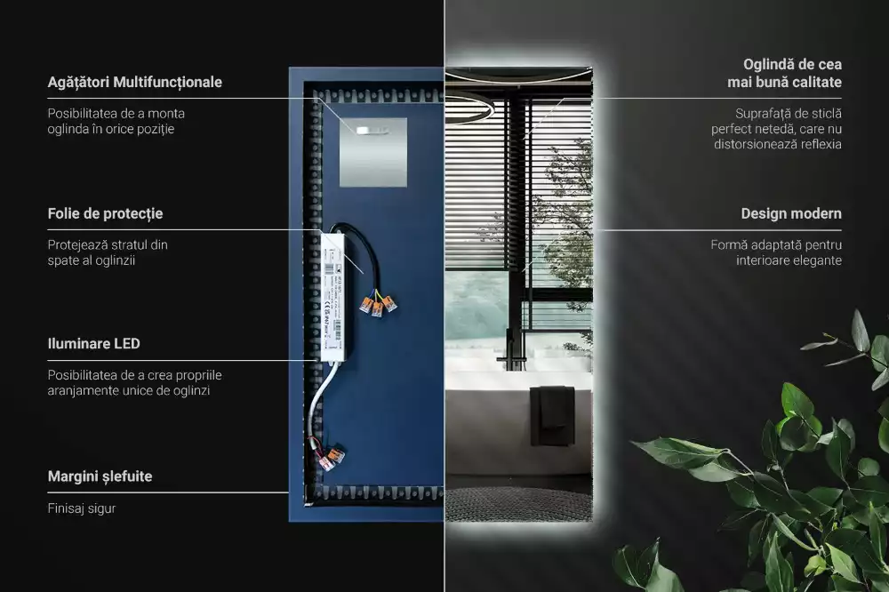 Négyszögletes alakú tükör led világítással