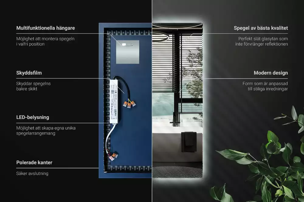 Négyszögletes alakú tükör led világítással