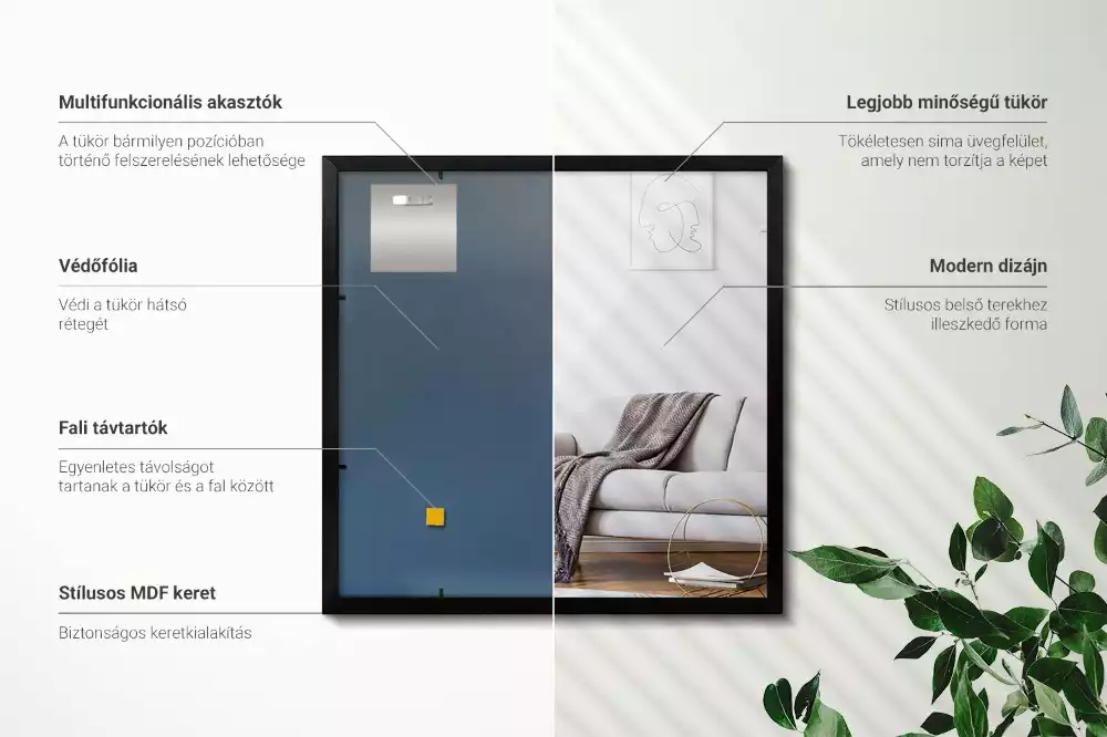 Téglalap alakú tükör fal fekete kerettel