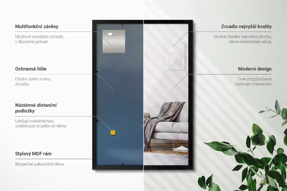 Téglalap alakú tükör fal fekete kerettel