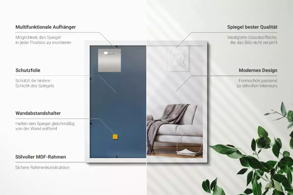 Négyszögletes tükör dekoratív fehér kerettel