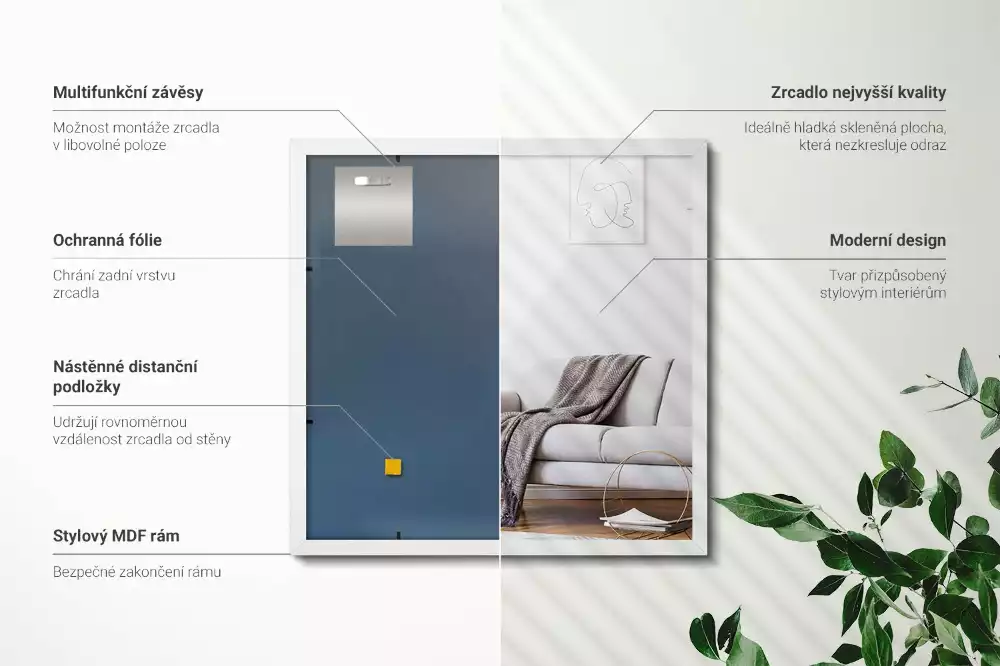 Négyszögletes tükör dekoratív fehér kerettel