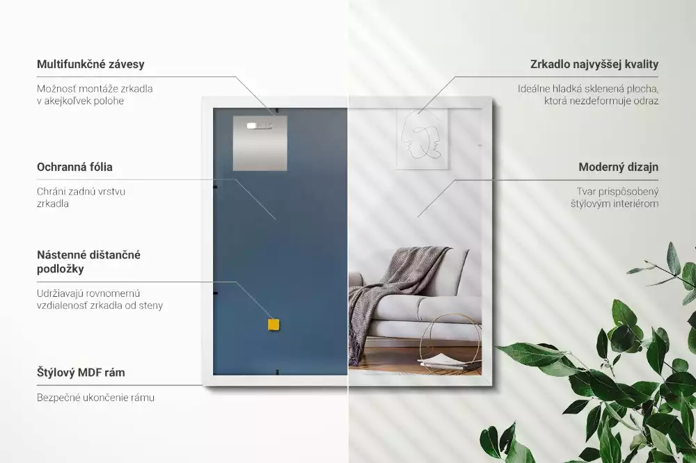 Négyszögletes tükör dekoratív fehér kerettel