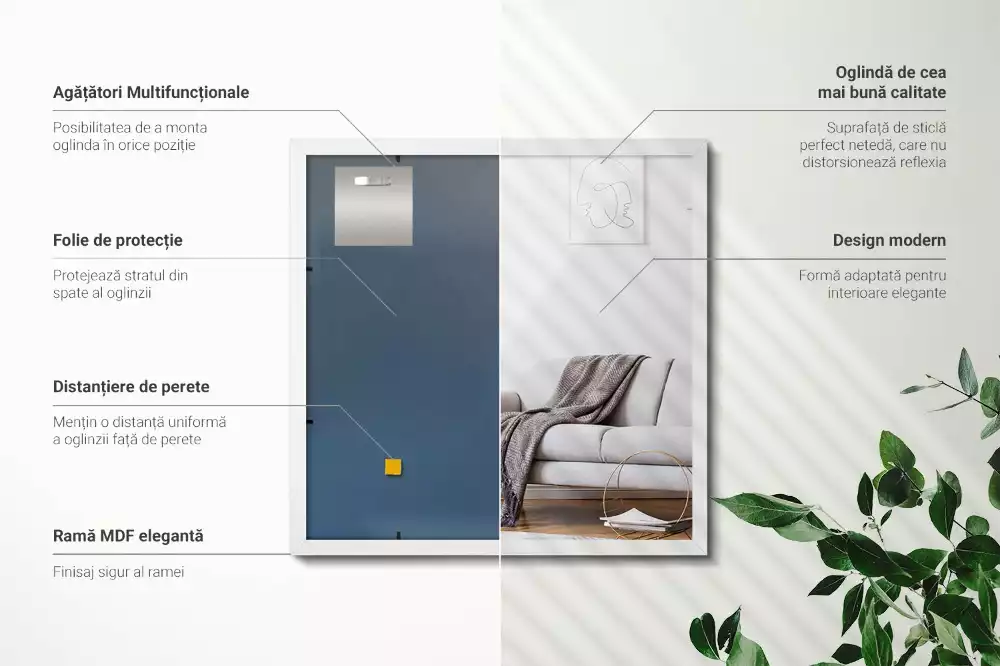 Négyszögletes tükör dekoratív fehér kerettel