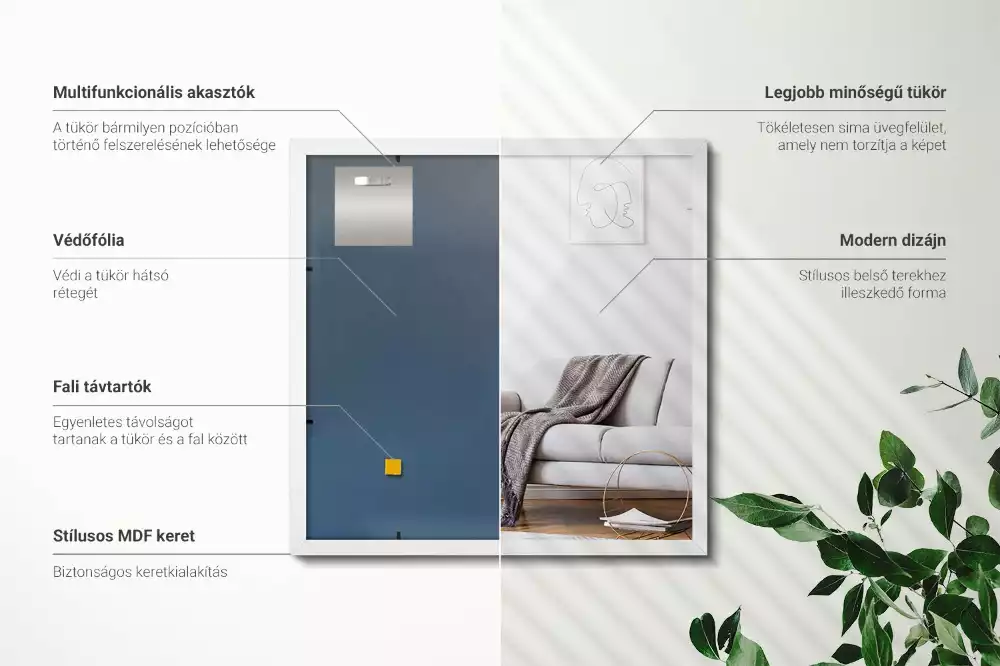 Négyszögletes tükör dekoratív fehér kerettel