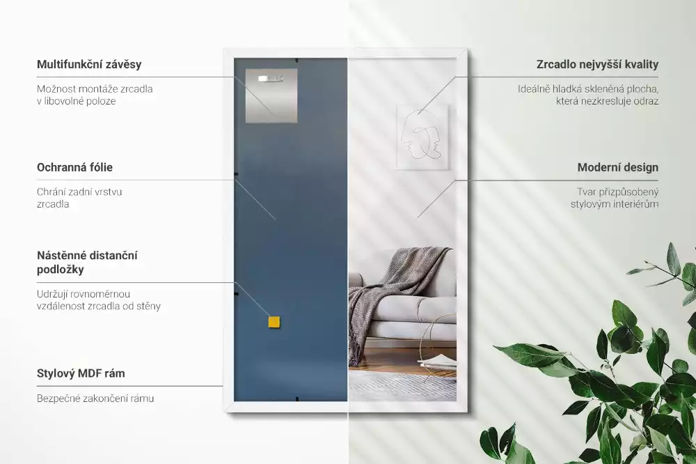 Négyszögletes tükör dekoratív fehér kerettel