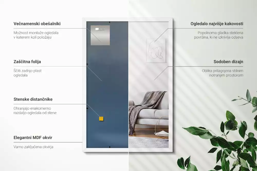 Négyszögletes tükör dekoratív fehér kerettel