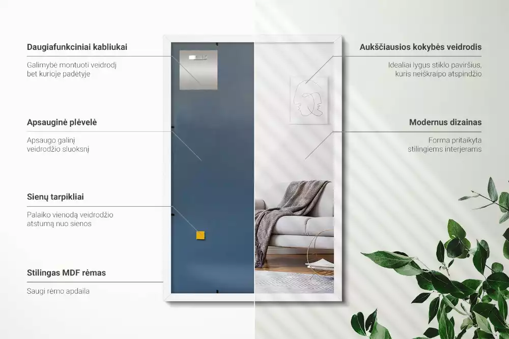 Négyszögletes tükör dekoratív fehér kerettel