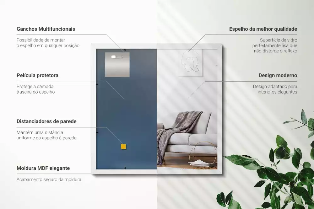 Négyszögletes tükör dekoratív fehér kerettel