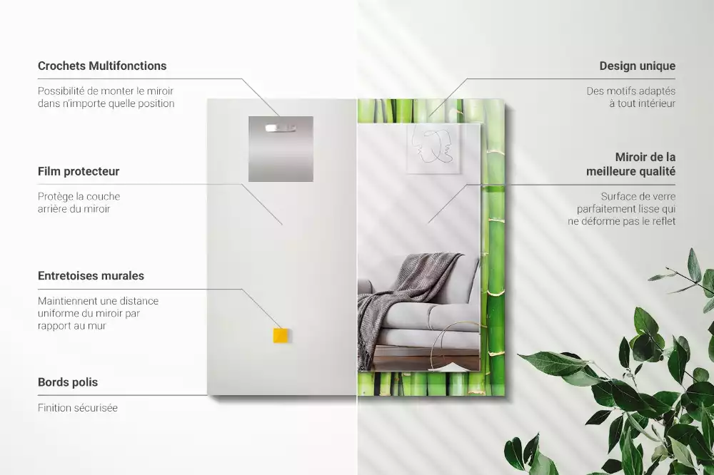 Négyszögletes díszes tükör Zöld bambusz szár