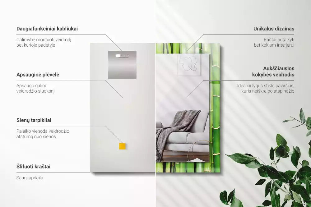 Négyszögletes díszes tükör Zöld bambusz szár