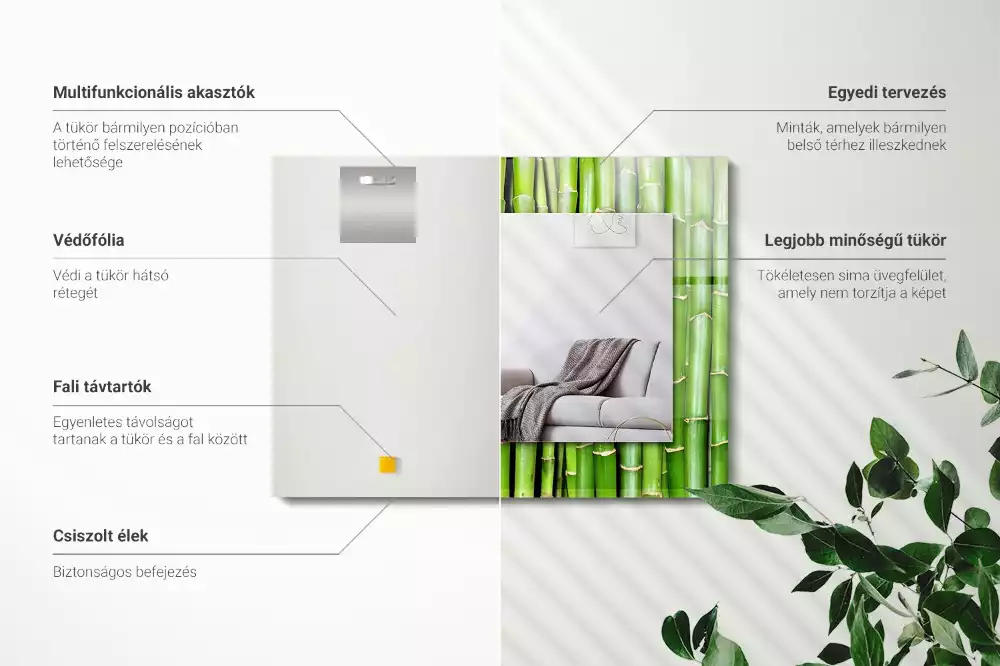 Négyszögletes díszes tükör Zöld bambusz szár