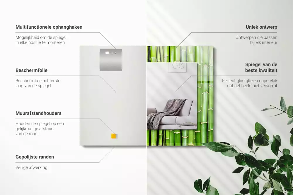 Négyszögletes díszes tükör Zöld bambusz szár