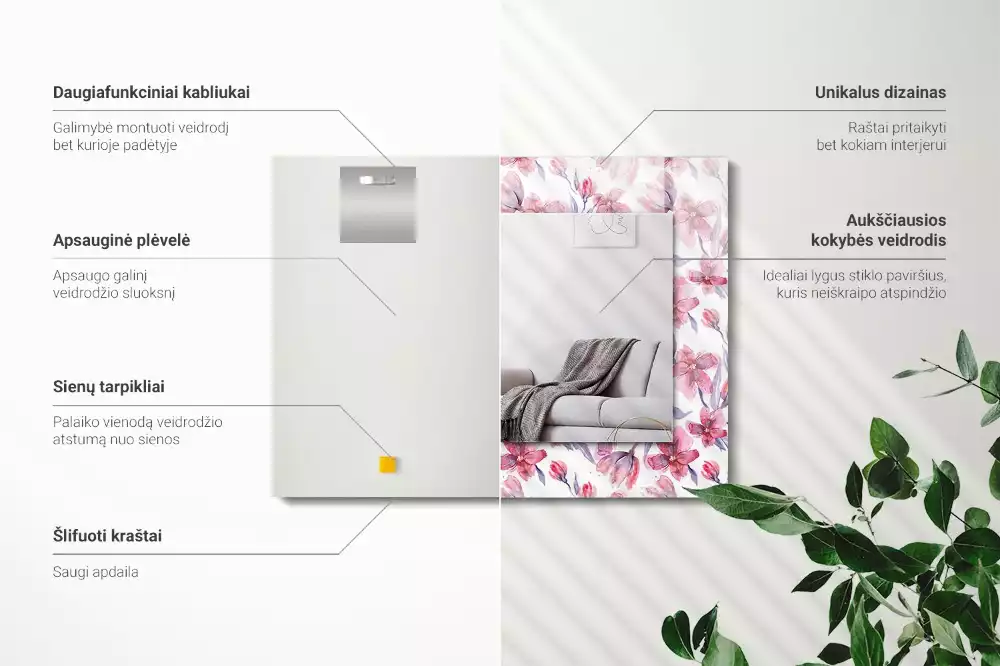 Négyszögletes dísztükör Virágok akvarell minta