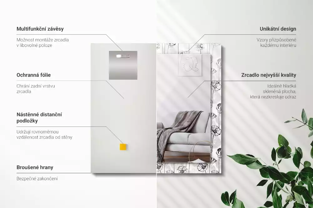 Négyszögletes dísztükör Virágmintás monokróm