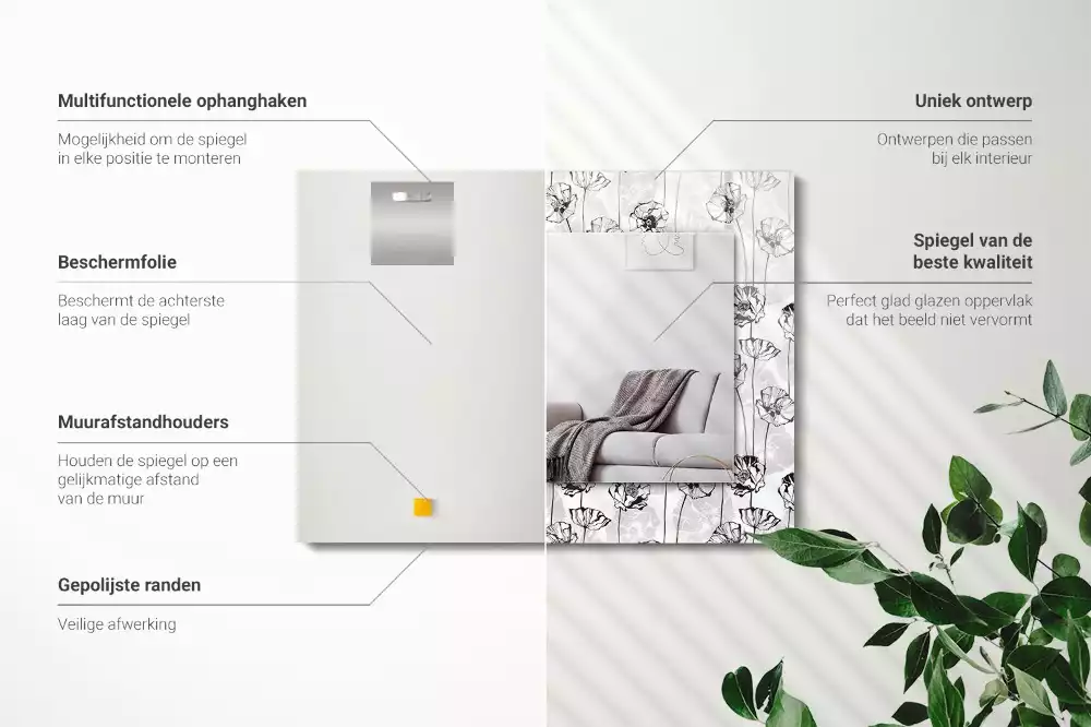 Négyszögletes dísztükör Virágmintás monokróm