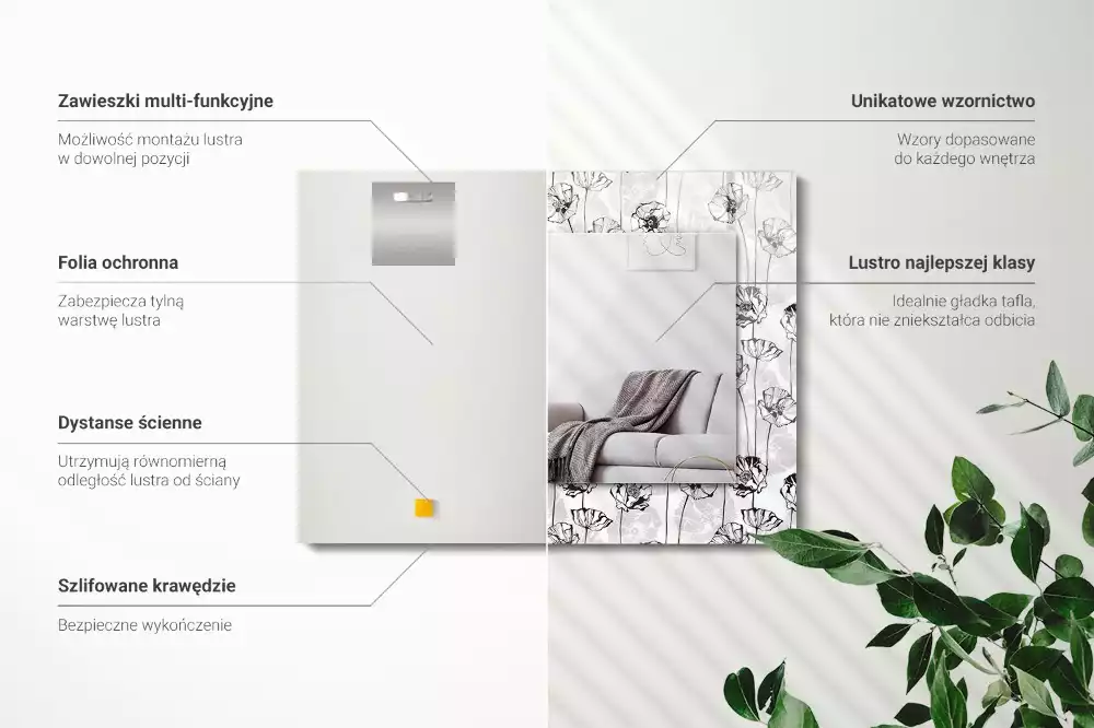 Négyszögletes dísztükör Virágmintás monokróm