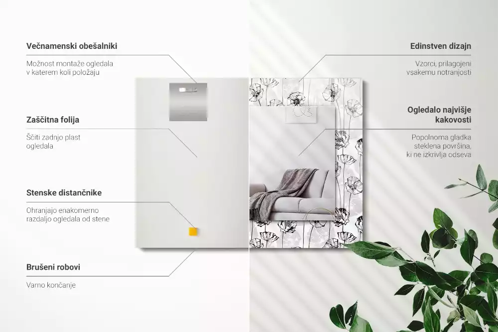 Négyszögletes dísztükör Virágmintás monokróm