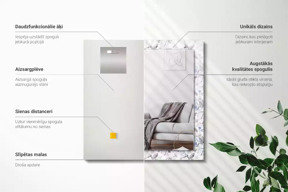 Négyszögletes dísztükör Virágok és levelek