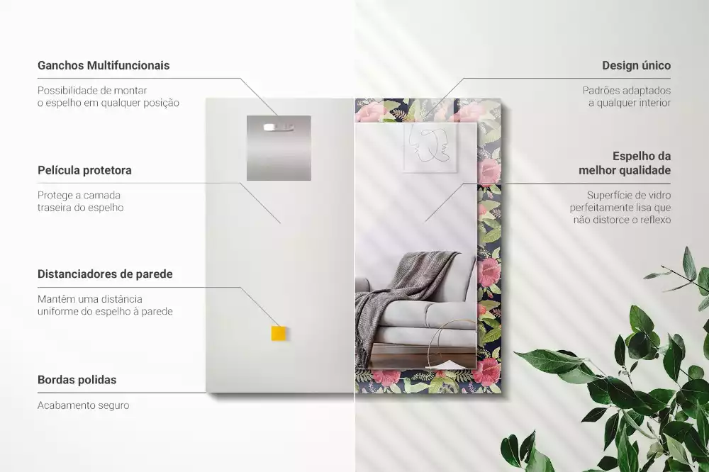 Négyszögletes dísztükör Virágok és madarak