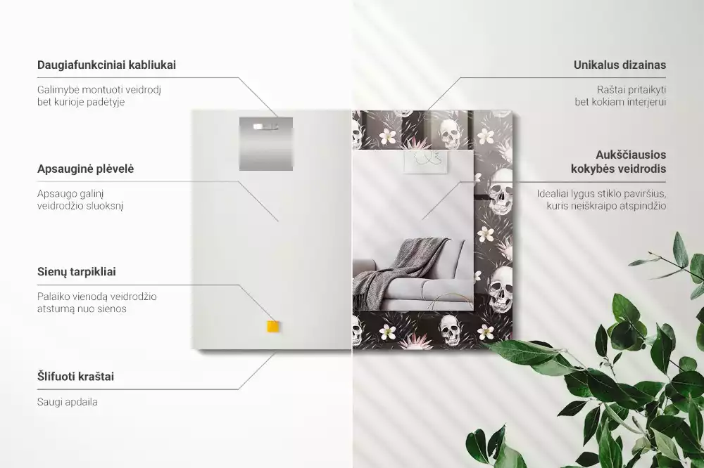 Négyszögletes dísztükör Koponyák és virágok