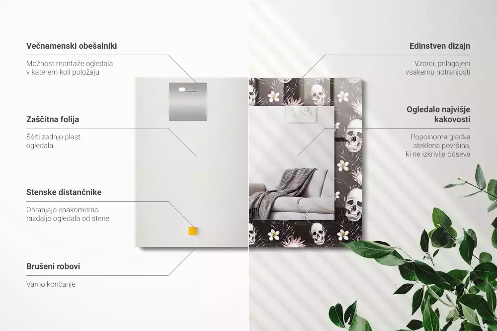 Négyszögletes dísztükör Koponyák és virágok