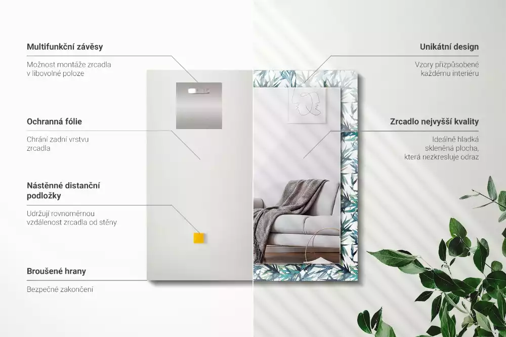 Négyszögletes dísztükör Bambusz levelek akvarell