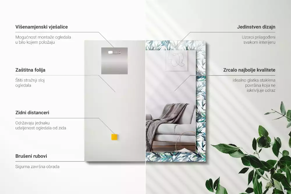 Négyszögletes dísztükör Bambusz levelek akvarell