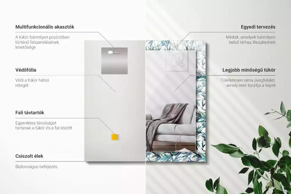 Négyszögletes dísztükör Bambusz levelek akvarell